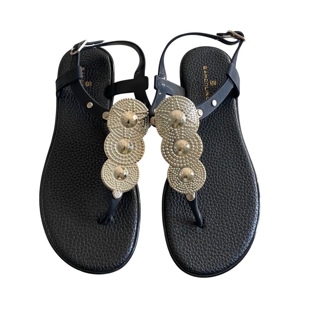 Bandolino Thong Sandals Womens 6 Black Gold Glam Medallion Jelly T-Strap Flat